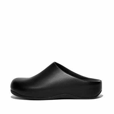 Men's Fitflop SHUV Leather Clogs Black | Ireland-17284