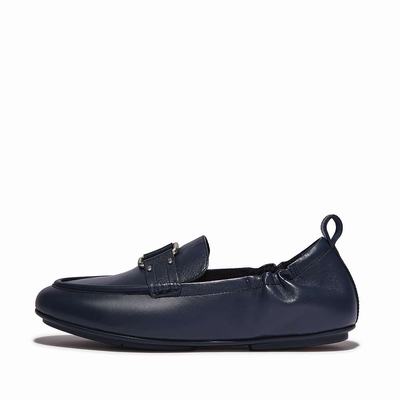 Women's Fitflop ALLEGRO Stud-Buckle Leather Loafers Navy | Ireland-84235