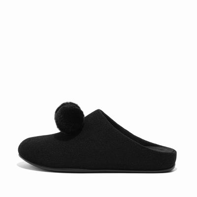 Women's Fitflop CHRISSIE Pom-Pom Felt Slippers Black | Ireland-67841