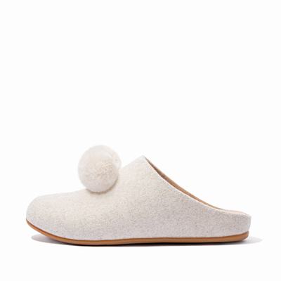 Women's Fitflop CHRISSIE Pom-Pom Felt Slippers White | Ireland-71540