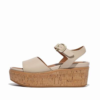 Women's Fitflop ELOISE Cork-Wrap Leather Wedge Sandals Grey Beige | Ireland-14928