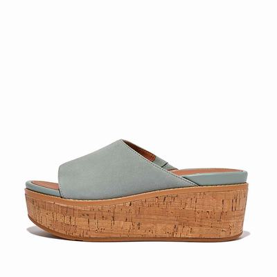 Women's Fitflop ELOISE Cork-Wrap Suede Wedge Slides Sandals Blue | Ireland-14690