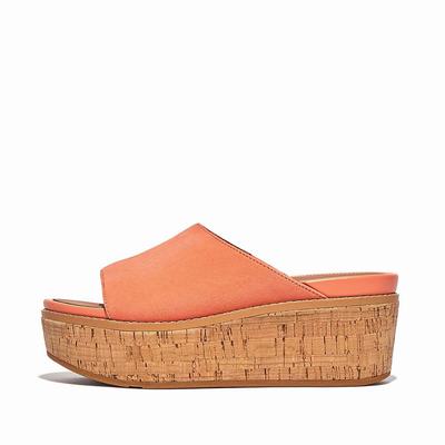 Women's Fitflop ELOISE Cork-Wrap Suede Wedge Slides Sandals Orange Coral | Ireland-45167