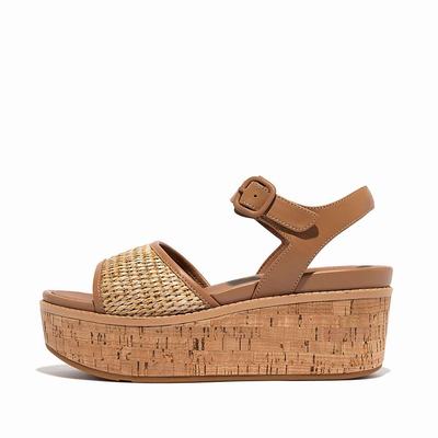 Women's Fitflop ELOISE Cork-Wrap Woven Back-Strap Wedge Sandals Brown/White | Ireland-52094