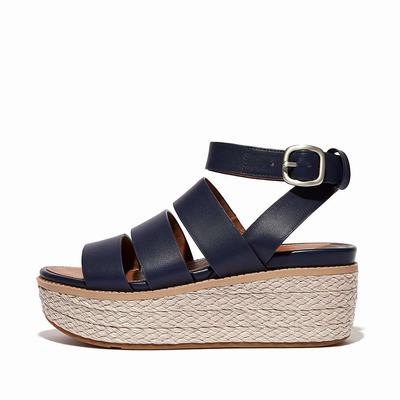 Women's Fitflop ELOISE Espadrille Leather Wedge Sandals Navy | Ireland-21958