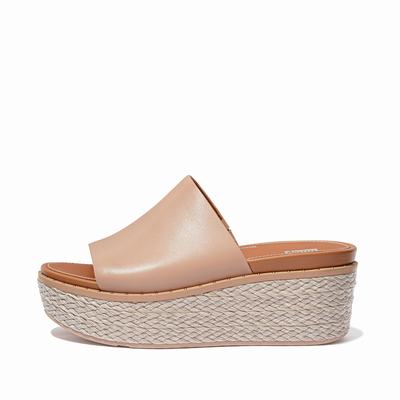 Women's Fitflop ELOISE Espadrille Leather Wedge Slides Sandals Beige | Ireland-84652