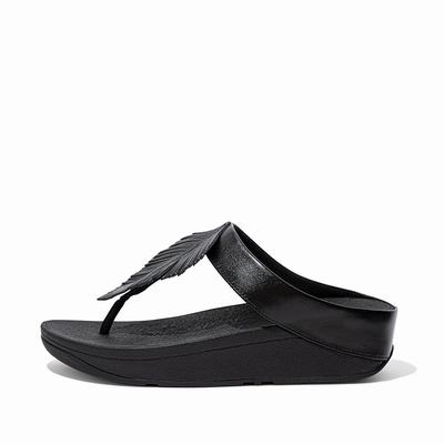 Women's Fitflop FINO Feather Metallic Toe-Post Sandals Black | Ireland-10875