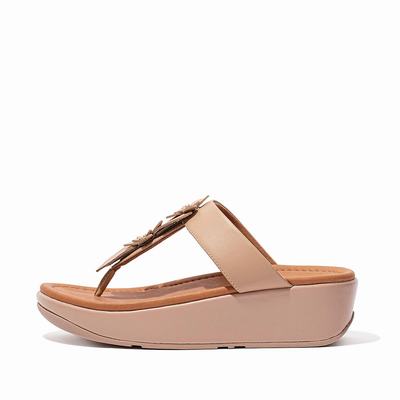 Women's Fitflop FINO Floral Leather Toe-Post Sandals Beige | Ireland-69180