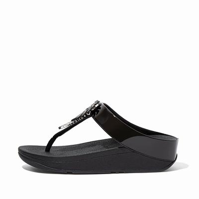 Women's Fitflop FINO Jungle Leaf Patent Toe-Post Sandals Black | Ireland-14273