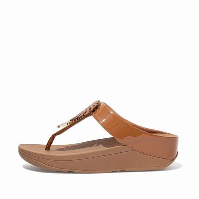 Women's Fitflop FINO Jungle Leaf Patent Sandals Light Brown | Ireland-32870