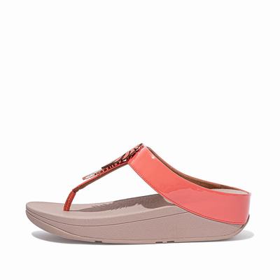 Women's Fitflop FINO Jungle Leaf Patent Sandals Coral Pink | Ireland-94751