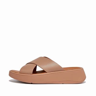 Women's Fitflop F-MODE Leather Flatform Cross Slides Sandals Beige | Ireland-04758