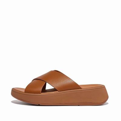 Women's Fitflop F-MODE Leather Flatform Cross Slides Sandals Light Brown | Ireland-38965