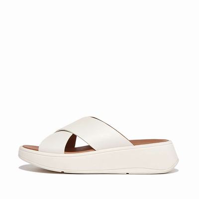 Women's Fitflop F-MODE Leather Flatform Cross Slides Sandals Cream | Ireland-40682