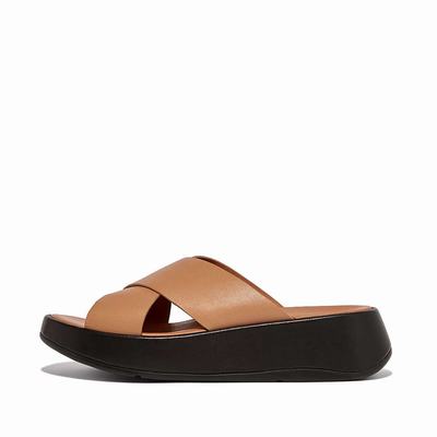 Women's Fitflop F-MODE Luxe Leather Flatform Cross Slides Sandals Brown | Ireland-59781