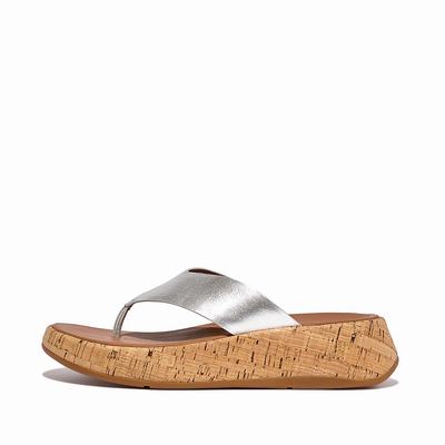 Women's Fitflop F-MODE Metallic Leather/Cork Flatform Toe-Post Sandals Silver | Ireland-04761