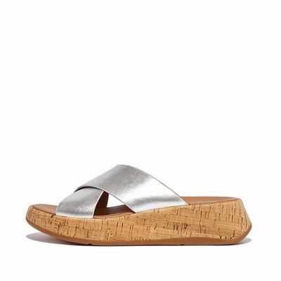 Women's Fitflop F-MODE Metallic Leather/Cork Flatform Cross Slides Sandals Silver | Ireland-45290