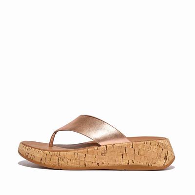 Women's Fitflop F-MODE Metallic Leather/Cork Flatform Toe-Post Sandals Rose Gold | Ireland-65372