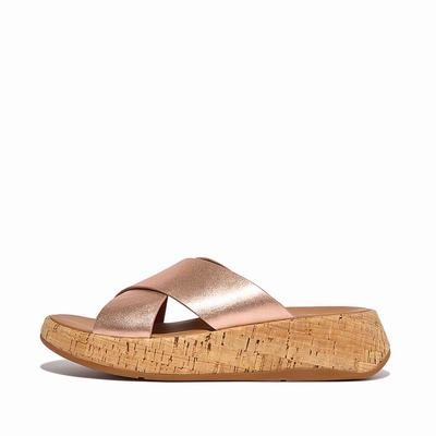 Women's Fitflop F-MODE Metallic Leather/Cork Flatform Cross Slides Sandals Rose Gold | Ireland-72598