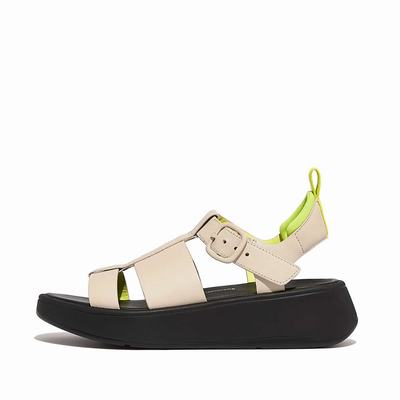 Women's Fitflop F-MODE Neon-Pop Leather Flatform Fisherman Sandals Grey/Yellow | Ireland-45068