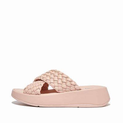 Women's Fitflop F-MODE Woven Leather Flatform Cross Slides Sandals Rose | Ireland-13045