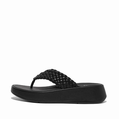 Women's Fitflop F-MODE Woven Leather Flatform Toe-Post Sandals Black | Ireland-73690