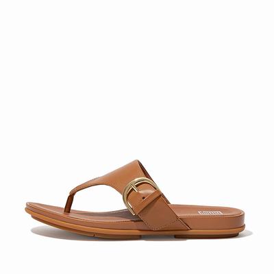 Women's Fitflop GRACIE Buckle Leather Toe-Post Sandals Light Brown | Ireland-04379