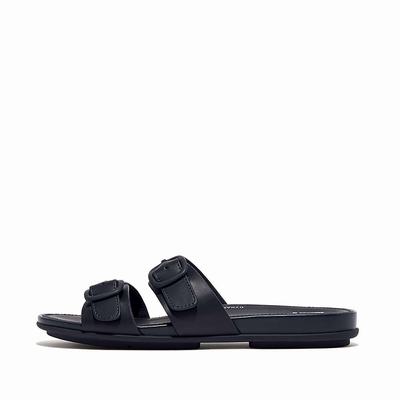 Women's Fitflop GRACIE Buckle Two-Bar Leather Slides Sandals Navy | Ireland-20736