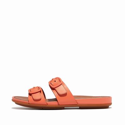 Women's Fitflop GRACIE Buckle Two-Bar Leather Slides Sandals Orange Coral | Ireland-45896