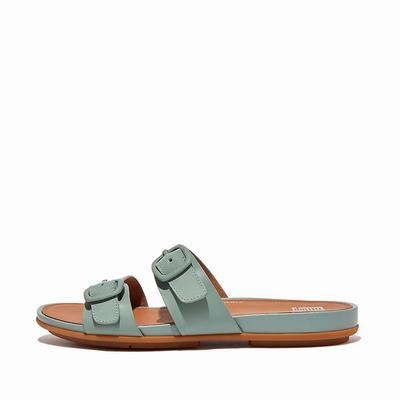 Women's Fitflop GRACIE Buckle Two-Bar Leather Slides Sandals Blue | Ireland-49870