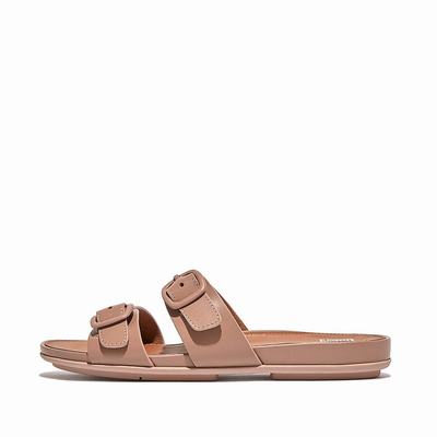 Women's Fitflop GRACIE Buckle Two-Bar Leather Slides Sandals Beige | Ireland-98431