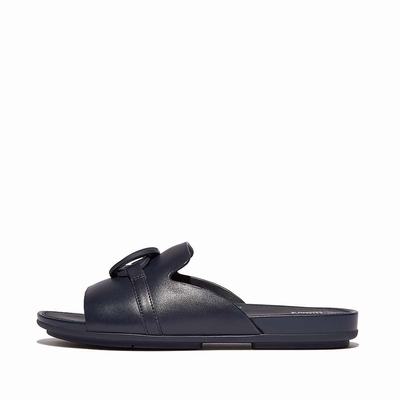 Women's Fitflop GRACIE Circlet Leather Slides Sandals Navy | Ireland-51287