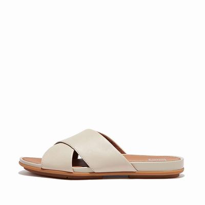 Women's Fitflop GRACIE Leather Cross Slides Sandals Grey Beige | Ireland-02689