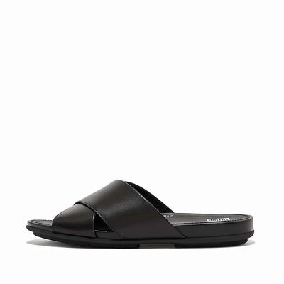 Women's Fitflop GRACIE Leather Cross Slides Sandals Black | Ireland-34561