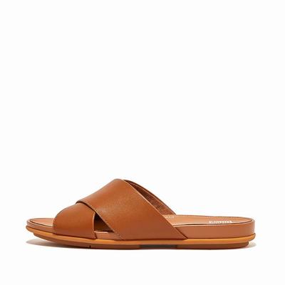 Women's Fitflop GRACIE Leather Cross Slides Sandals Light Brown | Ireland-36715