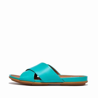 Women's Fitflop GRACIE Leather Cross Slides Sandals Blue | Ireland-76243