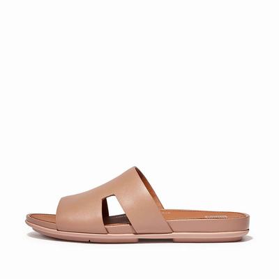 Women's Fitflop GRACIE Leather Slides With Toe-Post Sandals Beige | Ireland-71453