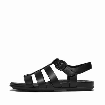 Women's Fitflop GRACIE Matt-Buckle Leather Fisherman Sandals Black | Ireland-76945