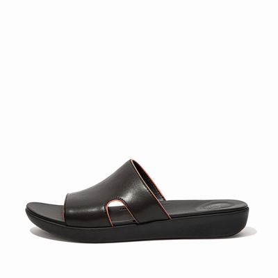 Women's Fitflop H-Bar Pop Binding Leather Slides Sandals Black/Pink | Ireland-35648