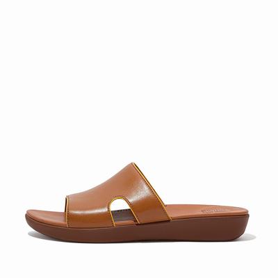 Women's Fitflop H-Bar Pop Binding Leather Slides Sandals Light Brown/Orange Yellow | Ireland-72406