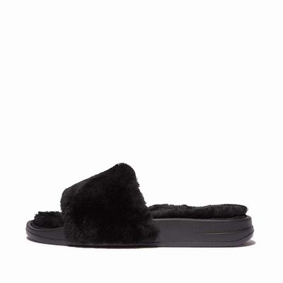 Women's Fitflop IQUSHION Shearling Slippers Black | Ireland-83021