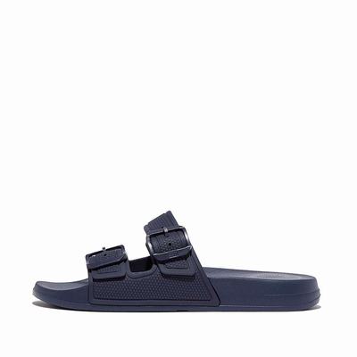 Women's Fitflop IQUSHION Two-Bar Buckle Slides Navy | Ireland-19640