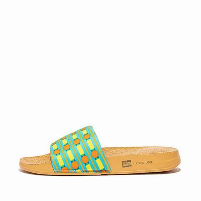 Women's Fitflop IQUSHION X Yinka Ilori Water-Resistant Slides Blue/Yellow | Ireland-80236