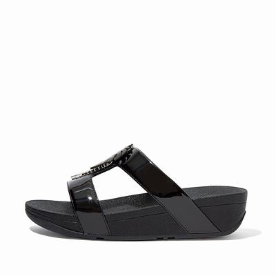 Women's Fitflop LOTTIE Jungle Leaf Patent Slides Sandals Black | Ireland-28316