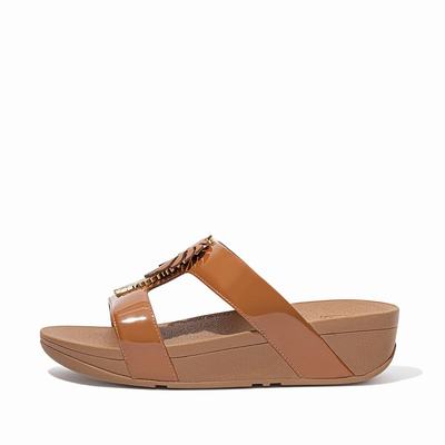 Women's Fitflop LOTTIE Jungle Leaf Patent Slides Sandals Light Brown | Ireland-63192