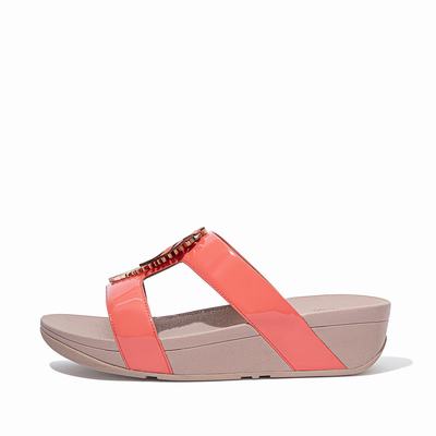 Women's Fitflop LOTTIE Jungle Leaf Patent Slides Sandals Coral Pink | Ireland-67419