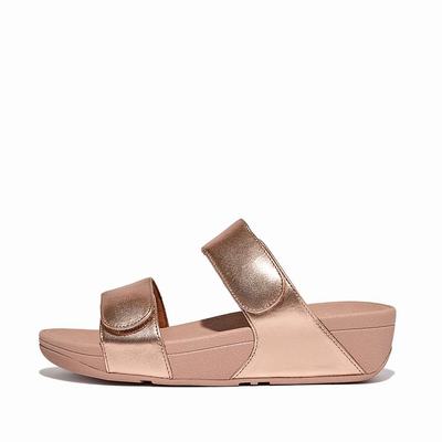 Women's Fitflop LULU Adjustable Leather Slides Sandals Rose Gold | Ireland-03457