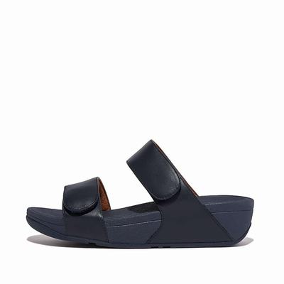 Women's Fitflop LULU Adjustable Leather Slides Sandals Navy | Ireland-60352