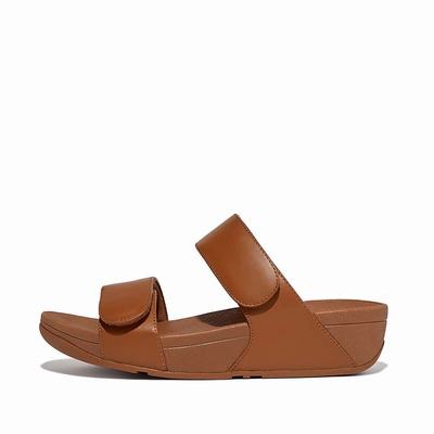 Women's Fitflop LULU Adjustable Leather Slides Sandals Light Brown | Ireland-67394