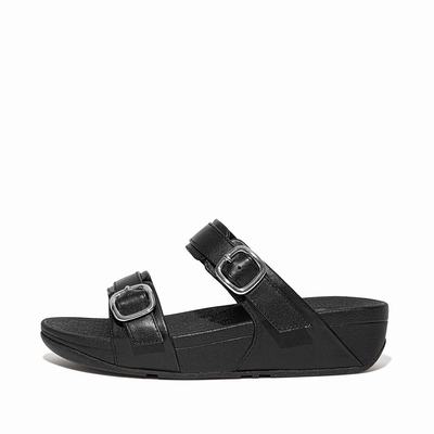 Women's Fitflop LULU Adjustable Leather Slides Sandals Black | Ireland-69123